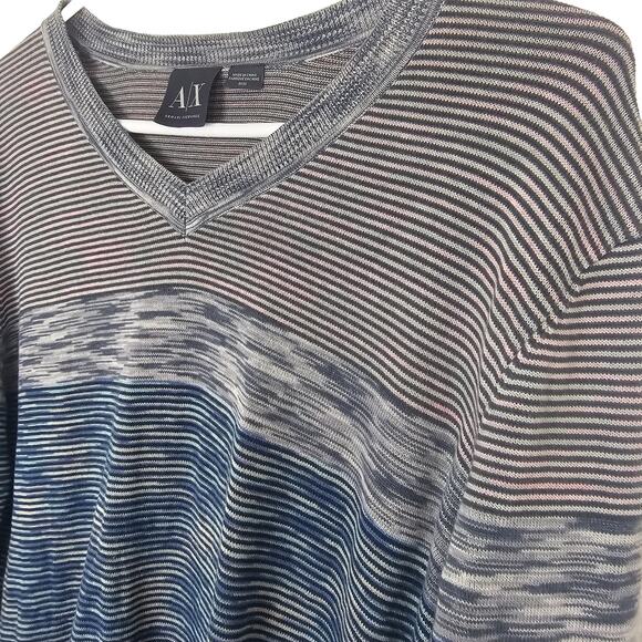 Armani Exchange Sweater Knit Sweater Mens M Gray Blue Striped Sweater V-Neck - Picture 5 of 8